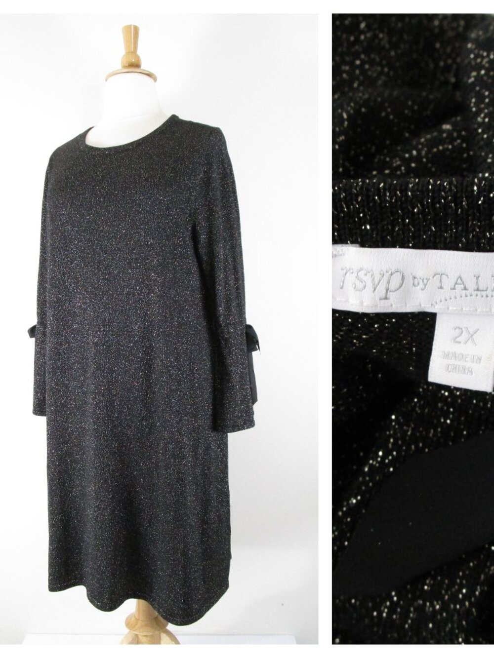 Talbots rsvp Womens Plus Size Wool Black Silver Metallic Shimmer Shift Dress 2X